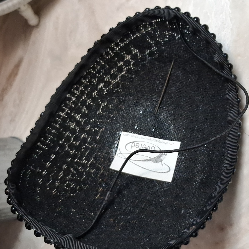 Black Beaded Fascinator Hat with Silver Details. - Picture 3 of 6